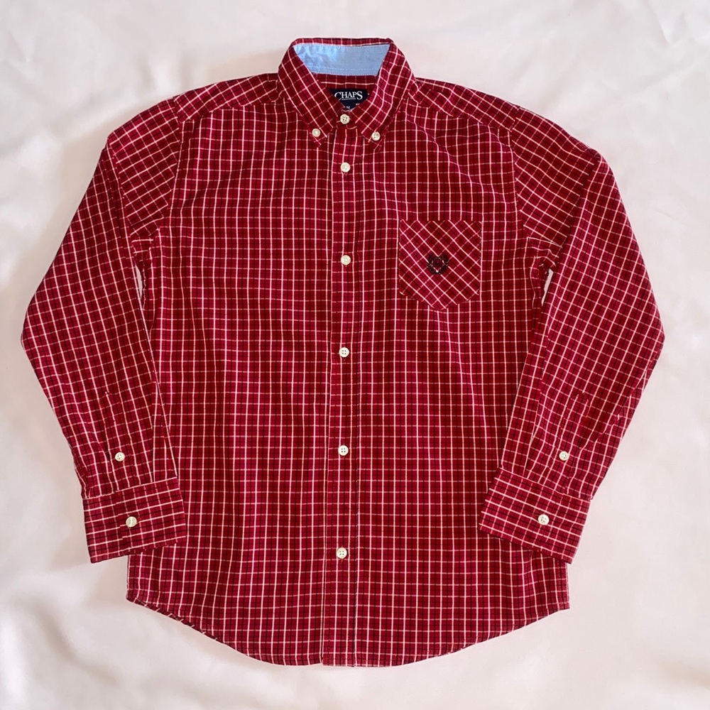 Boy's Red Plaid Button Up Long Sleeve Shirt, M
